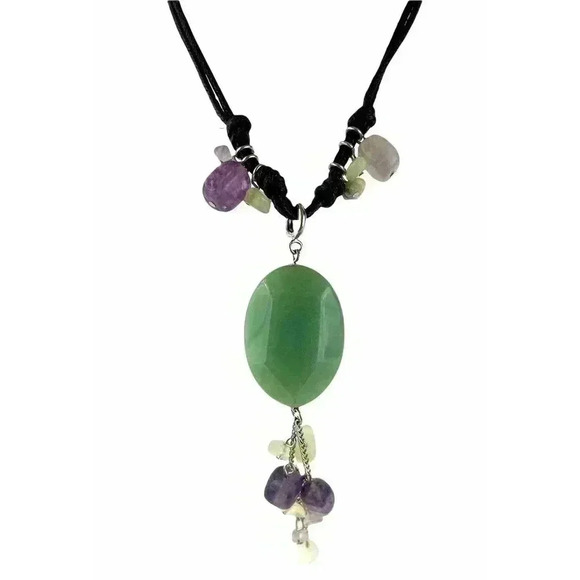 Multi Crystal Aventurine Quartz Pendant Cluster Necklace Natural Stone 13" - Picture 1 of 13